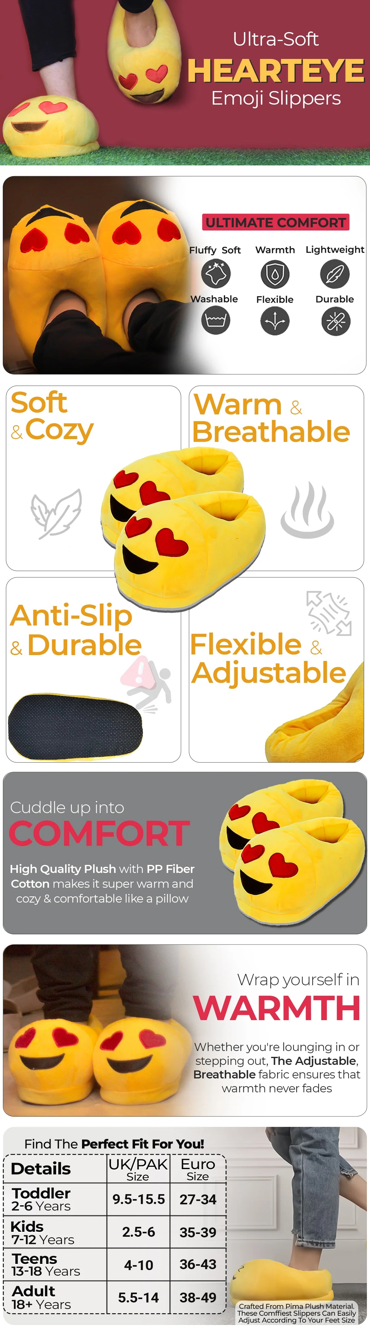 Love Heart Eyes Emoji Slippers Warm & Comfortable