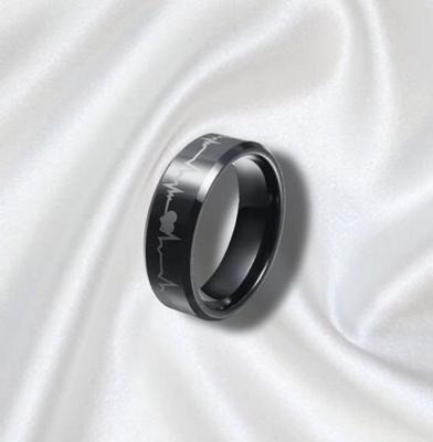 Heartbeat Design Charm Ring - 1 Pc Black Stainless Steel Jewelry