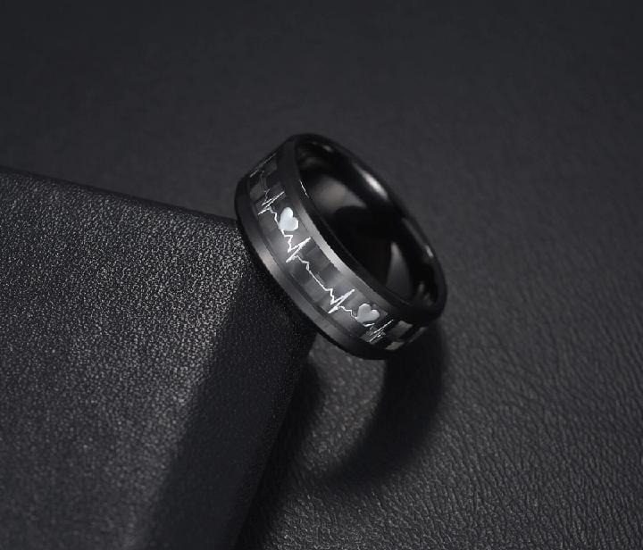 Heartbeat Design Charm Ring - 1 Pc Black Stainless Steel Jewelry